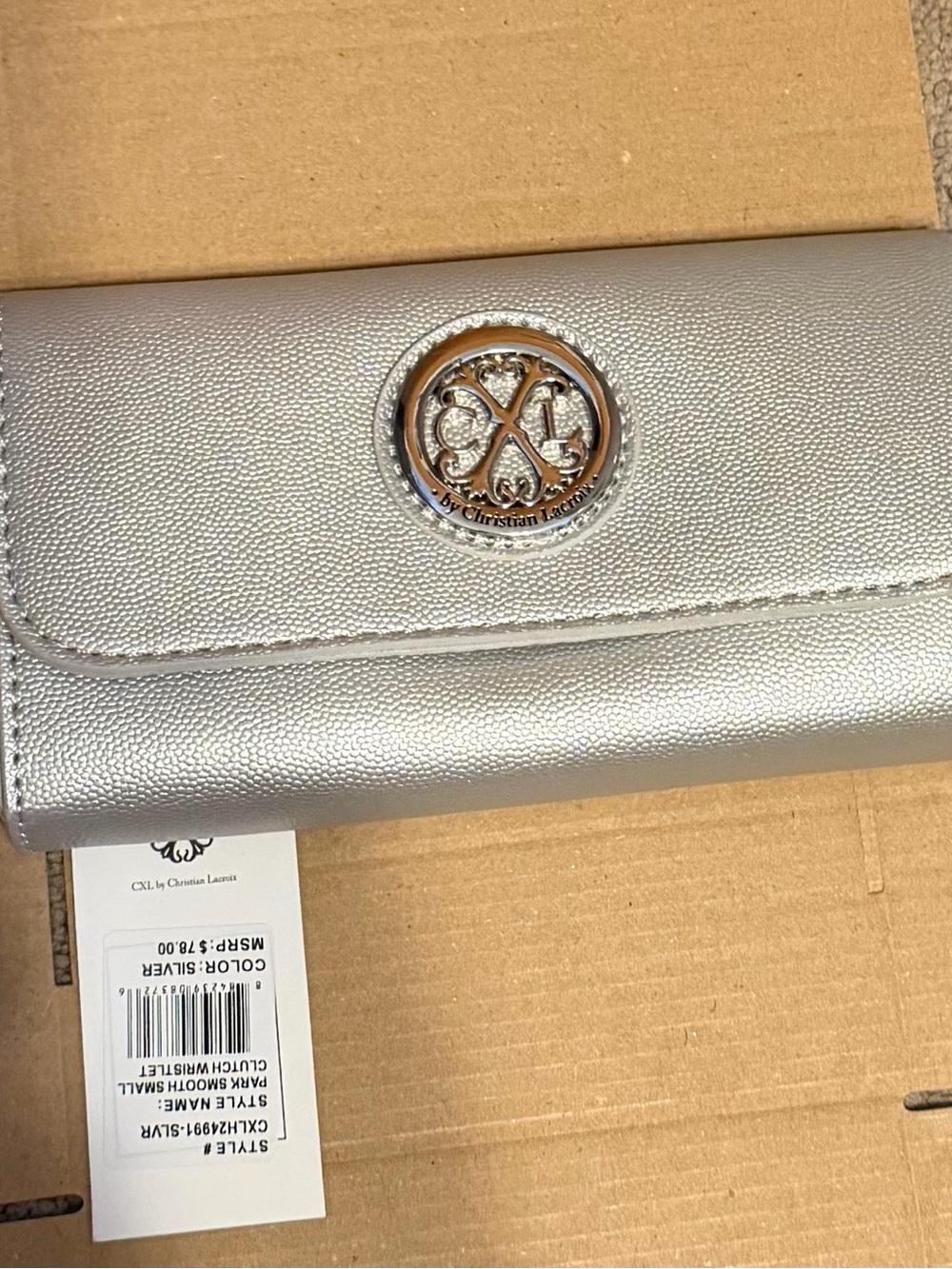 Christian Lacroix Silver Metallic Clutch Crossbody with Crest Emblem